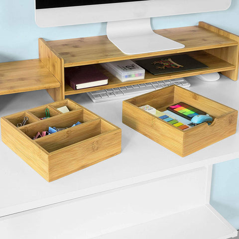 Rootz Bambus-Monitorständer – Computerbildschirm – Monitorständer – Monitorerhöhung, Schreibtisch-Organizer, 2 Regale, 2 Schubladen
