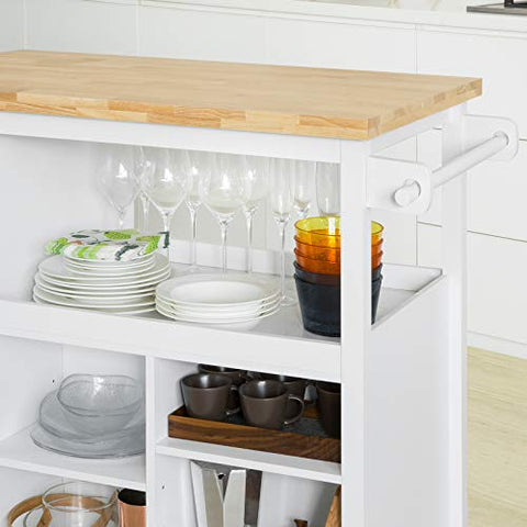 Rootz Kitchen Storage Trolley Kitchen Cabinet Cupboard Sideboard Kitchen Island with Rubber Wood Worktop