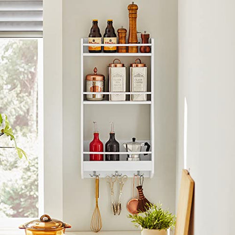 Rootz Wandgemonteerd Plankrek met 3 Planken &amp; 3 Haken - Keuken Wandplank Kruidenrek-Keuken Opbergrek Plank