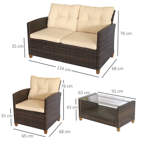 Rootz Garden Furniture Set - 4 Pieces - 3 Sofas - Side Table - Seat Cushion - Aluminum Frame - Artificial Rattan - Beige - 124L x 68W x 76H cm