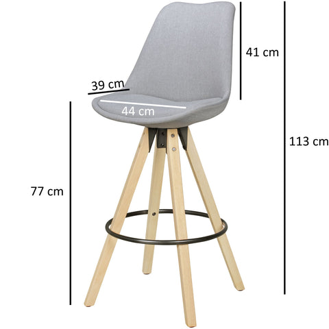 Rootz Bar Stools - Retro Design - Gray Fabric Wood with Backrest - Scandinavian Style Bar Chairs (Set of 2) - 77 cm Seat Height
