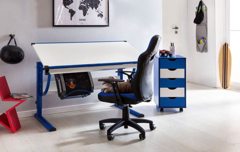 Rootz Kinderbureaustoel - Blauw en Grijs - Rugleuning - Wielen op harde vloer - Jeugdstoel (leeftijd 8+)