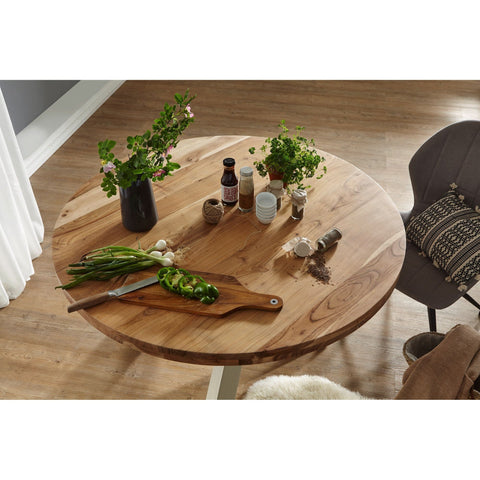 Rootz Eettafel - Ronde Eettafel - Massief Hout Acacia - Houten Eettafel - Keukentafel - Bruin/Wit - Ø 120 cm