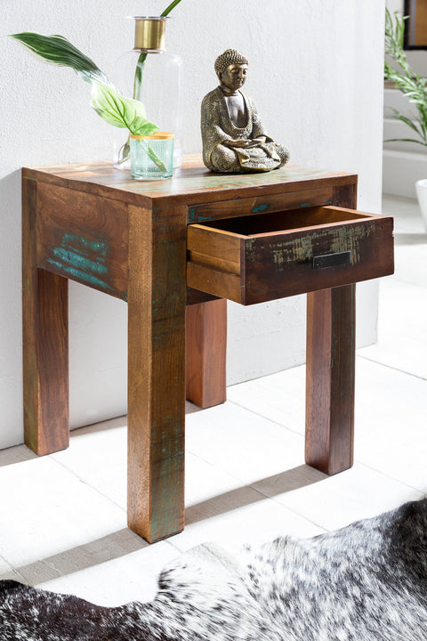 Rootz Bedside Table - Shabby-Chic - Mango Wood with Drawer - Dark Brown - Design Nightstand - Small Side Table - 40 x 40 x 55 cm