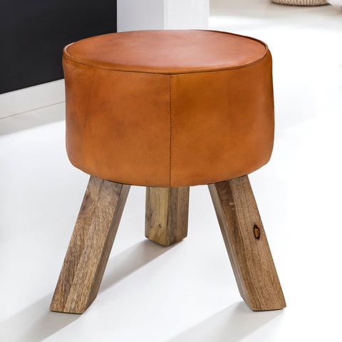 Rootz Stool - Stool - Hocker - Pouf - Goatskin - Handmade - Mango Wood - 37x45x37 cm - Round - Brown