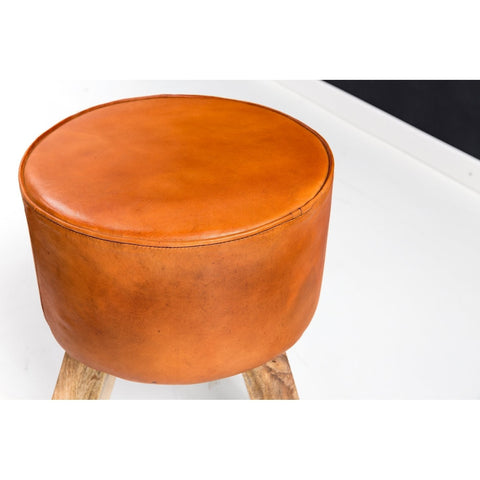 Rootz Stool - Stool - Hocker - Pouf - Goatskin - Handmade - Mango Wood - 37x45x37 cm - Round - Brown