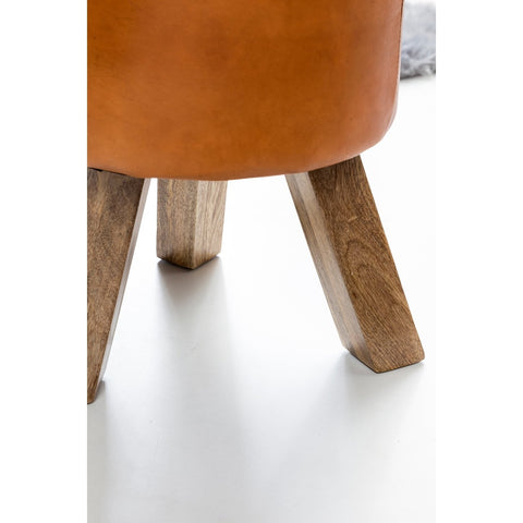 Rootz Stool - Stool - Hocker - Pouf - Goatskin - Handmade - Mango Wood - 37x45x37 cm - Round - Brown