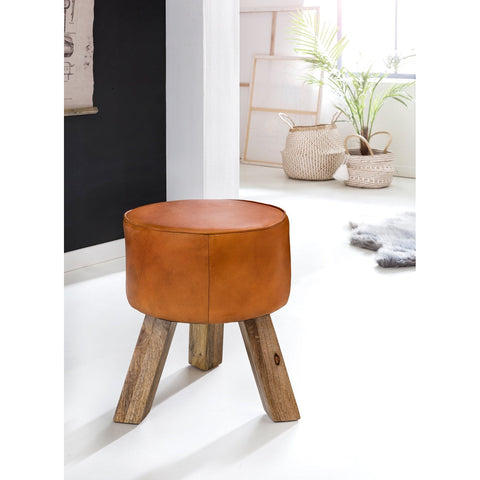 Rootz Stool - Stool - Hocker - Pouf - Goatskin - Handmade - Mango Wood - 37x45x37 cm - Round - Brown