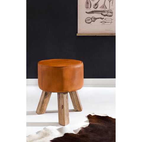 Rootz Stool - Stool - Hocker - Pouf - Goatskin - Handmade - Mango Wood - 37x45x37 cm - Round - Brown