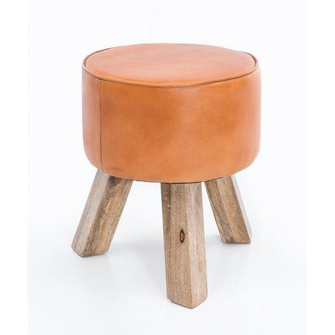 Rootz Stool - Stool - Hocker - Pouf - Goatskin - Handmade - Mango Wood - 37x45x37 cm - Round - Brown
