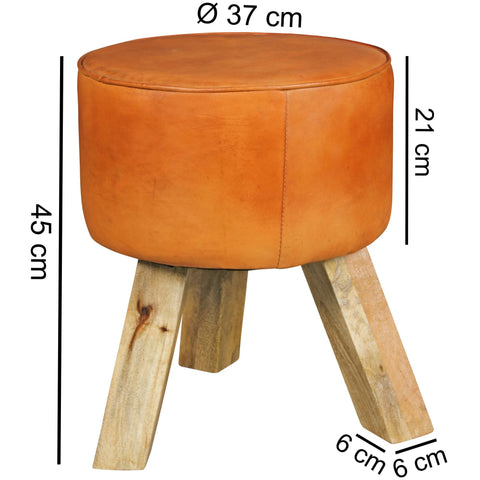 Rootz Stool - Stool - Hocker - Pouf - Goatskin - Handmade - Mango Wood - 37x45x37 cm - Round - Brown