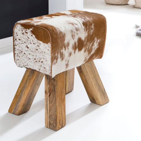 Rootz Stool - Stool - Pouf - Footstool - Goatskin - Mango Wood - Brown/White - Springbok