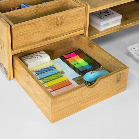 Rootz Bambus-Monitorständer – Computerbildschirm – Monitorständer – Monitorerhöhung, Schreibtisch-Organizer, 2 Regale, 2 Schubladen