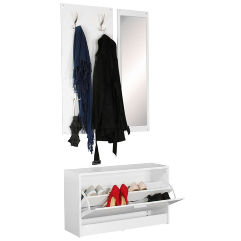 Rootz Wardrobe with Mirror & Shoe Cabinet - White Wall-Mounted - Modern Compact Hallway Wardrobe for Jackets & Shoes