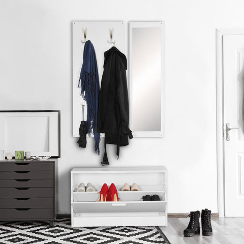 Rootz Wardrobe with Mirror & Shoe Cabinet - White Wall-Mounted - Modern Compact Hallway Wardrobe for Jackets & Shoes