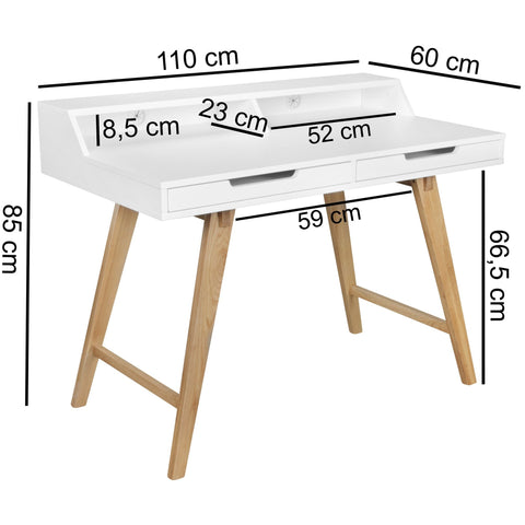 Rootz Werktafel - Scandinavisch Design - Laptoptafel met Kabelopening - Kantoortafel met Eiken Poot - Wit - 110x85x60cm 