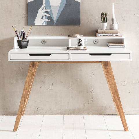 Rootz Werktafel - Scandinavisch Design - Laptoptafel met Kabelopening - Kantoortafel met Eiken Poot - Wit - 110x85x60cm 
