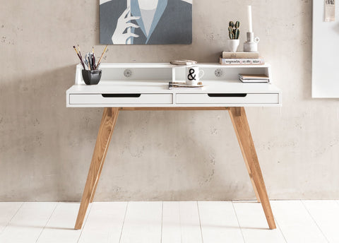 Rootz Werktafel - Scandinavisch Design - Laptoptafel met Kabelopening - Kantoortafel met Eiken Poot - Wit - 110x85x60cm 