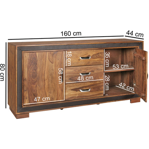 Rootz Sideboard - Sheesham Solid Wood - Rustic Country Style - Chest with Drawers and Doors - Imitation Leather - 160x44x80cm