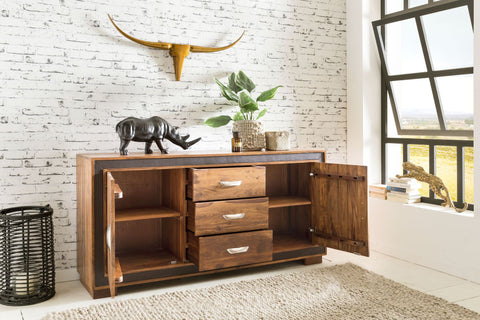 Rootz Sideboard - Sheesham Solid Wood - Rustic Country Style - Chest with Drawers and Doors - Imitation Leather - 160x44x80cm