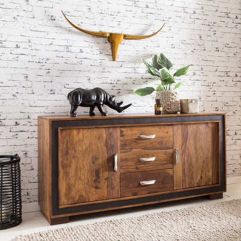 Rootz Sideboard - Sheesham Solid Wood - Rustic Country Style - Chest with Drawers and Doors - Imitation Leather - 160x44x80cm