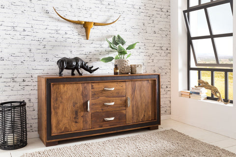 Rootz Sideboard - Sheesham Solid Wood - Rustic Country Style - Chest with Drawers and Doors - Imitation Leather - 160x44x80cm