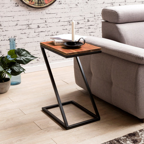 Rootz Side Table - Z-Shape - Solid Wood Sheesham with Metal - Country Style Living Room Table - Square Storage Table - 45 x 30 x 60 cm