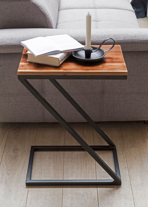 Rootz Side Table - Z-Shape - Solid Wood Sheesham with Metal - Country Style Living Room Table - Square Storage Table - 45 x 30 x 60 cm