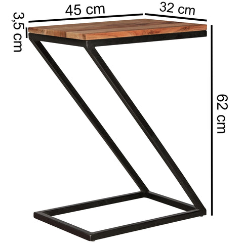 Rootz Side Table - Z-Shape - Solid Wood Sheesham with Metal - Country Style Living Room Table - Square Storage Table - 45 x 30 x 60 cm