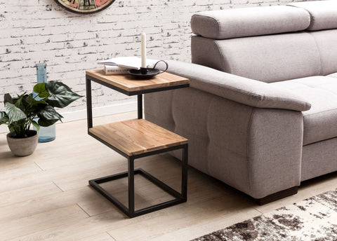Rootz Side Table - S-Shape Solid Wood Acacia with Metal - Country Style Living Room Table - Square Storage Table - 45 x 60 x 30 cm