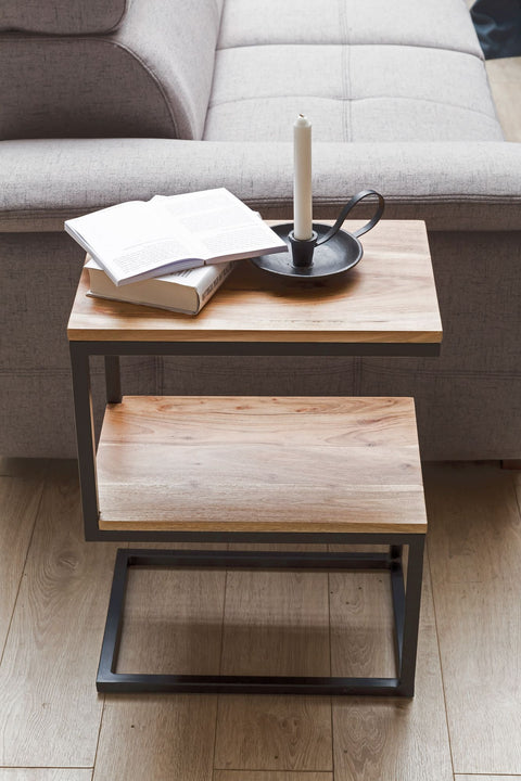 Rootz Side Table - S-Shape Solid Wood Acacia with Metal - Country Style Living Room Table - Square Storage Table - 45 x 60 x 30 cm
