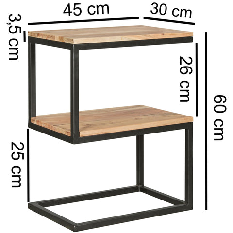 Rootz Side Table - S-Shape Solid Wood Acacia with Metal - Country Style Living Room Table - Square Storage Table - 45 x 60 x 30 cm