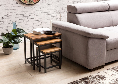 Rootz Beistelltische – 3 Designs – Sheesham mit Metallbeinen – Set mit 3 Satztischen aus gemischten Materialien – Akzenttische aus Massivholz 