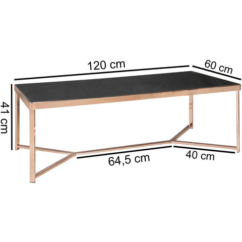 Rootz Couchtisch – Design aus schwarzem Blech mit Kupferrahmen – moderner verspiegelter Wohnzimmer-Couchtisch – eckiger Glastisch – 120 x 60 x 40 cm 