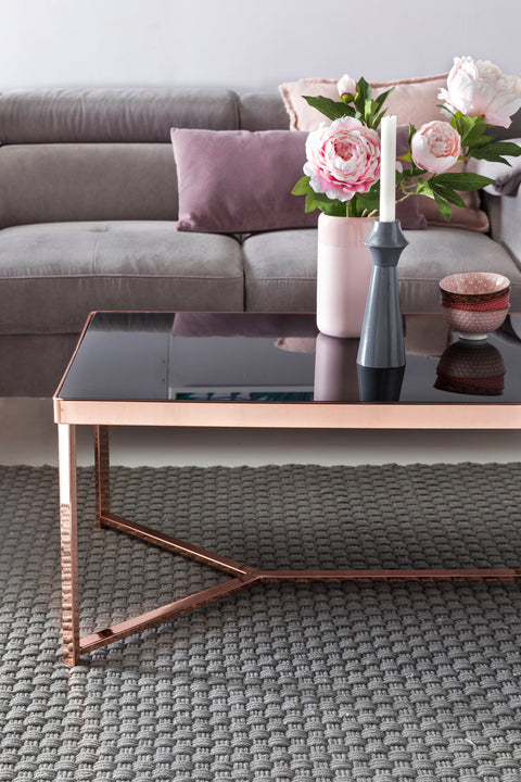 Rootz Couchtisch – Design aus schwarzem Blech mit Kupferrahmen – moderner verspiegelter Wohnzimmer-Couchtisch – eckiger Glastisch – 120 x 60 x 40 cm 