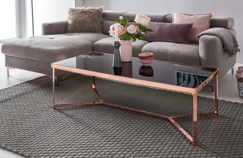 Rootz Couchtisch – Design aus schwarzem Blech mit Kupferrahmen – moderner verspiegelter Wohnzimmer-Couchtisch – eckiger Glastisch – 120 x 60 x 40 cm 