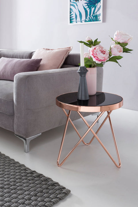 Rootz Side Table - Metal and Glass Design - Modern Mirrored Living Room Coffee Table - Round Glassy Sofa Table - Black/Copper -  42 cm