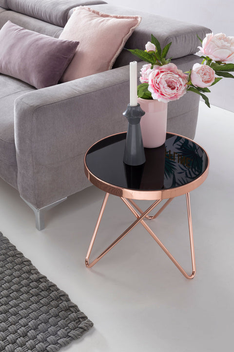 Rootz Side Table - Metal and Glass Design - Modern Mirrored Living Room Coffee Table - Round Glassy Sofa Table - Black/Copper -  42 cm