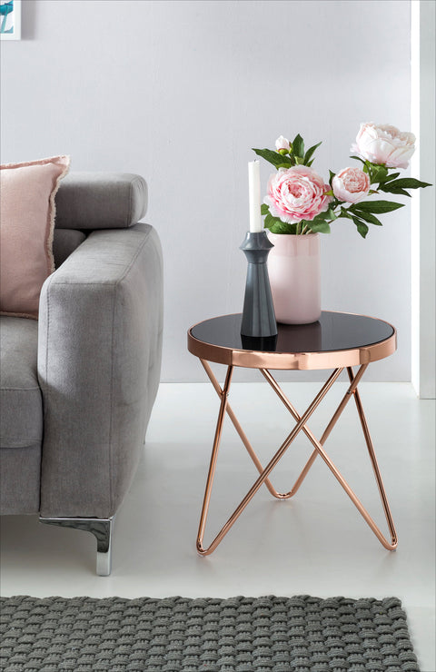 Rootz Side Table - Metal and Glass Design - Modern Mirrored Living Room Coffee Table - Round Glassy Sofa Table - Black/Copper -  42 cm