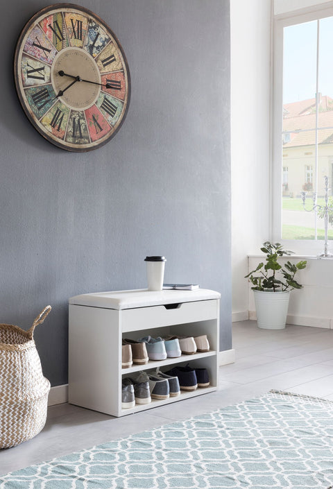 Rootz Shelf Bench - White - Small Upholstered Wooden Bench - Narrow Hallway Shoe Bench with Storage - Chest Bench for Hallway - 60 x 40 x 30 cm