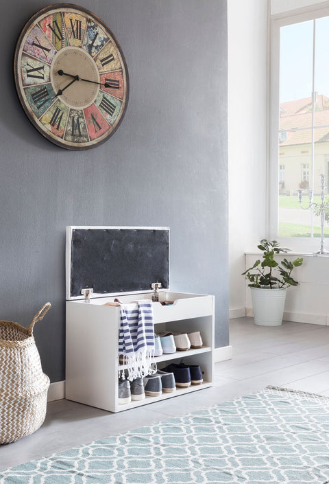 Rootz Shelf Bench - White - Small Upholstered Wooden Bench - Narrow Hallway Shoe Bench with Storage - Chest Bench for Hallway - 60 x 40 x 30 cm