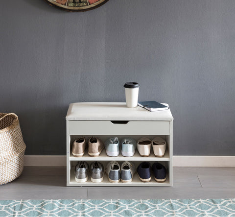 Rootz Shelf Bench - White - Small Upholstered Wooden Bench - Narrow Hallway Shoe Bench with Storage - Chest Bench for Hallway - 60 x 40 x 30 cm