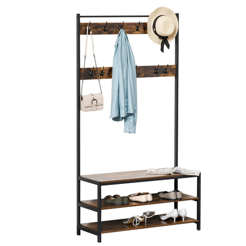 Rootz Wardrobe Rack - Coat Rack - 12 Hooks - Shoe Rack - 100 x 40 x 184 - Steel - MDF - Brown - Black