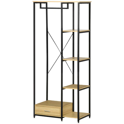Rootz Garderobenständer – Kleiderschrank – Industriedesign – 1 Schublade – 1 Kleiderstange – 4 Einlegeböden – Stahl/Spanplatte – Schwarz/Natur – 77 cm x 39 cm x 180 cm