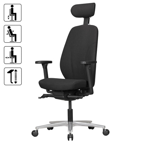 Rootz Executive Armchair - Chair with Headrest - Black Fabric - Design - Synchro Mechanics & Adjustable Armrests - Ergonomic Swivel Desk Chair (120kg)