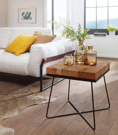 Rootz Side Table - Acacia Solid Wood with Metal Frame - Industrial Square Table Brown - Modern Living Room Table - 45x45x51cm