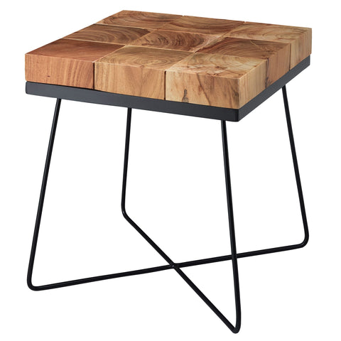 Rootz Side Table - Acacia Solid Wood with Metal Frame - Industrial Square Table Brown - Modern Living Room Table - 45x45x51cm