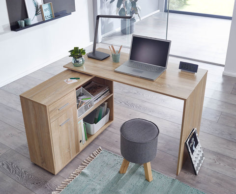 Rootz Eckschreibtisch mit Regal – Sonoma Design – Moderner Büroschreibtisch für Arbeitszimmer und Heimbüro – 120 x 75,5 x 106,5 cm 