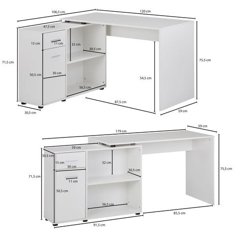 Rootz Eckschreibtisch mit Regal – Weißes Design – Moderner Büroschreibtisch für Arbeitszimmer und Heimbüro – 120 x 75,5 x 106,5 cm 