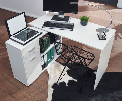 Rootz Eckschreibtisch mit Regal – Weißes Design – Moderner Büroschreibtisch für Arbeitszimmer und Heimbüro – 120 x 75,5 x 106,5 cm 